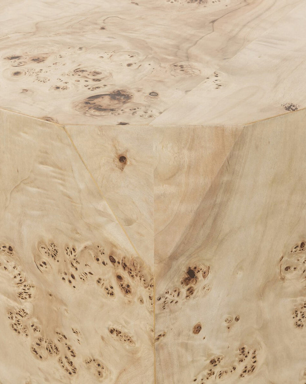 Table basse contemporaine en loupe de peuplier avec texture riche et présence audacieuse pour le salon