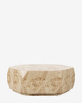 Table basse contemporaine en loupe de peuplier avec texture riche et présence audacieuse pour le salon