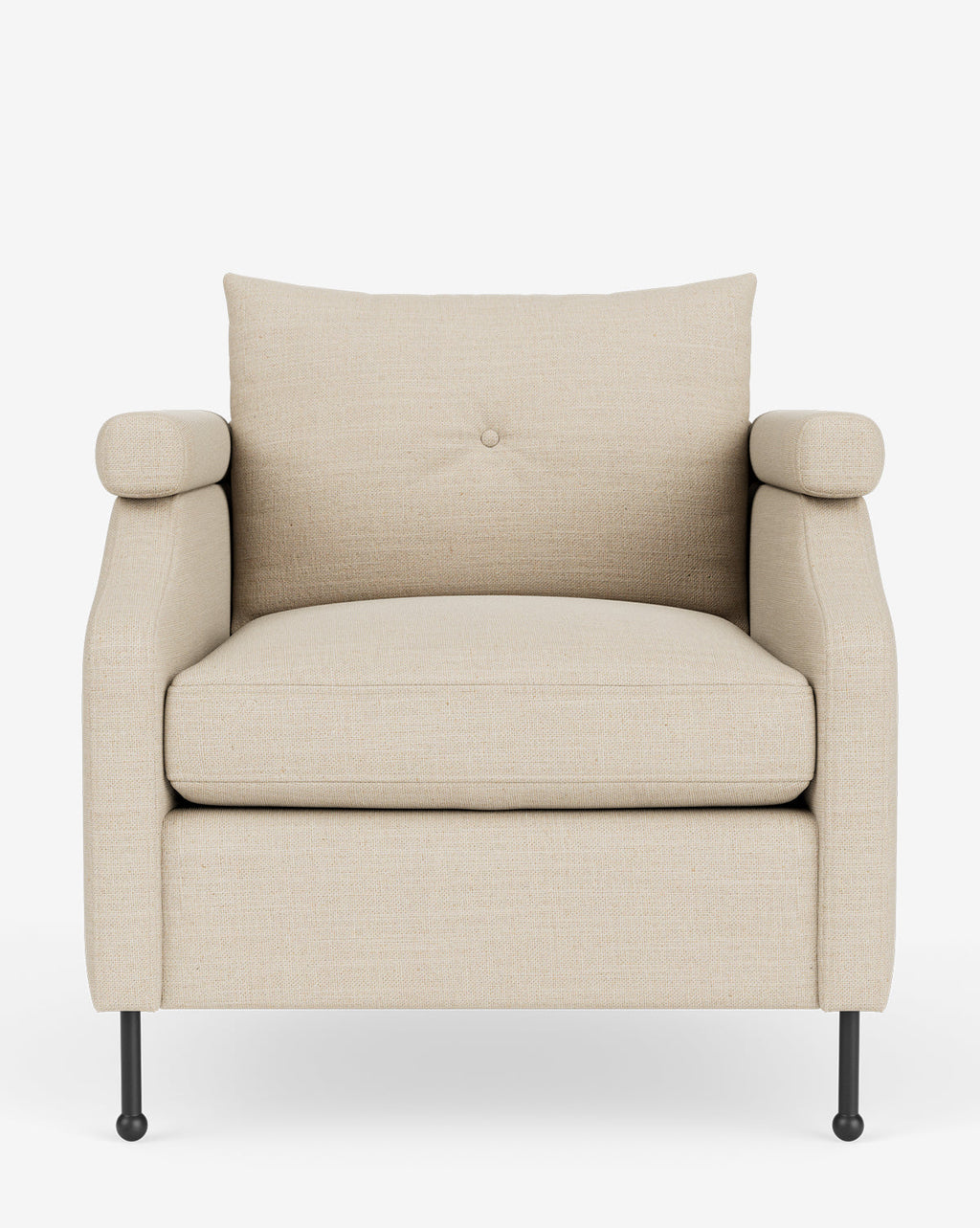 Fauteuil de salon contemporain en tissu avec pieds en fer et accoudoirs carrés crantés pour salon