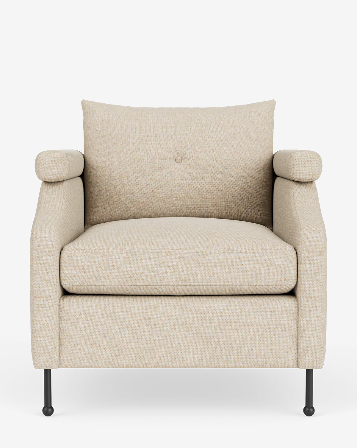 Fauteuil de salon contemporain en tissu avec pieds en fer et accoudoirs carrés crantés pour salon