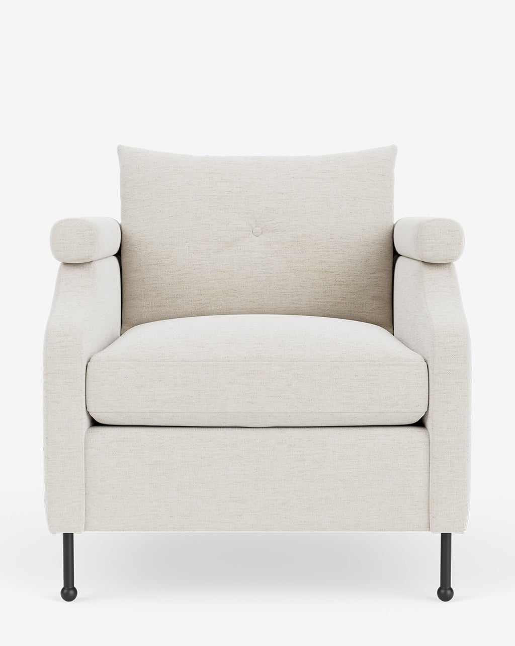 Fauteuil de salon contemporain en tissu avec pieds en fer et accoudoirs carrés crantés pour salon
