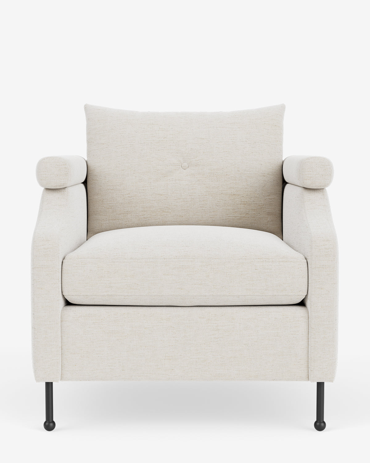 Fauteuil de salon contemporain en tissu avec pieds en fer et accoudoirs carrés crantés pour salon