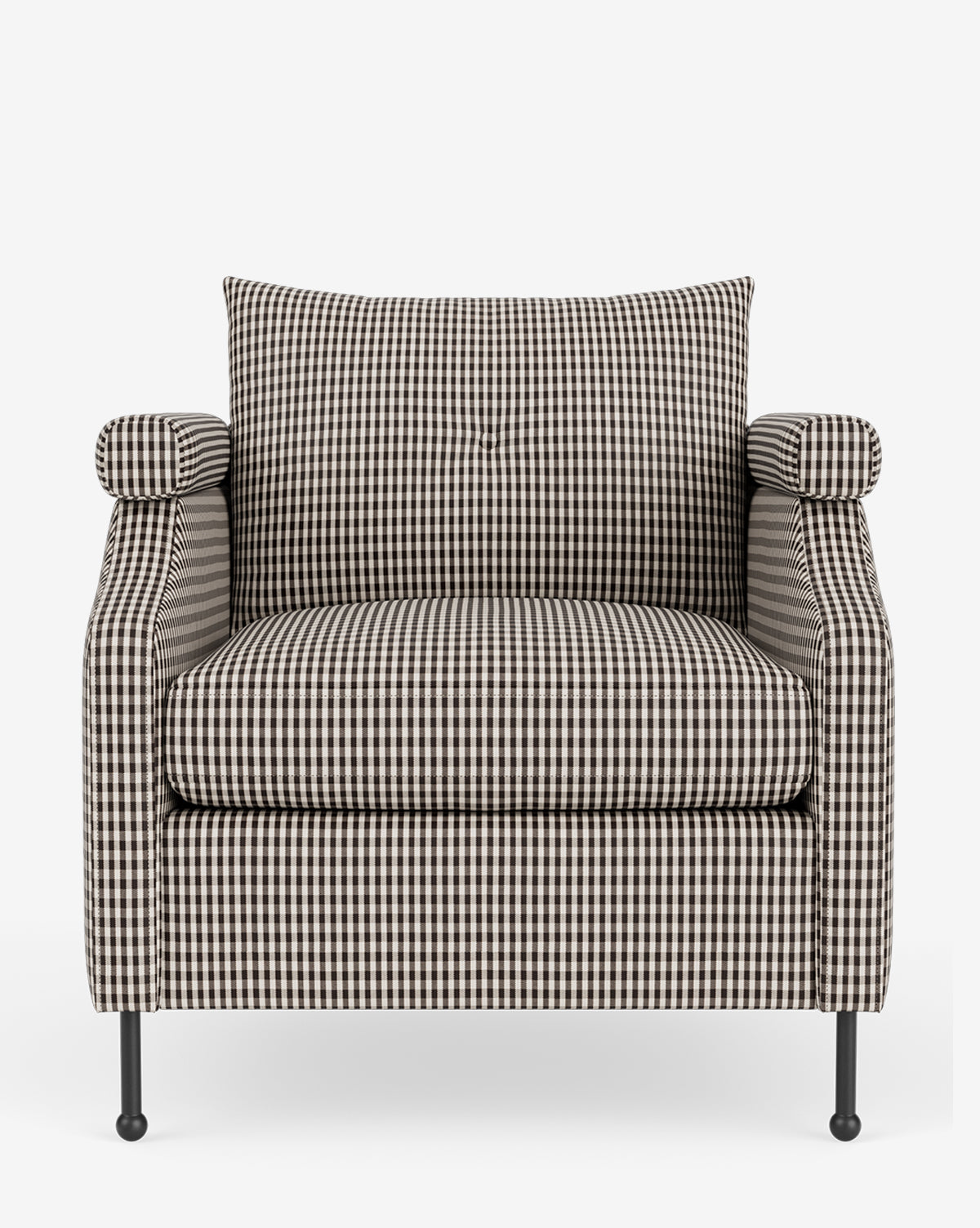 Fauteuil de salon contemporain en tissu avec pieds en fer et accoudoirs carrés crantés pour salon