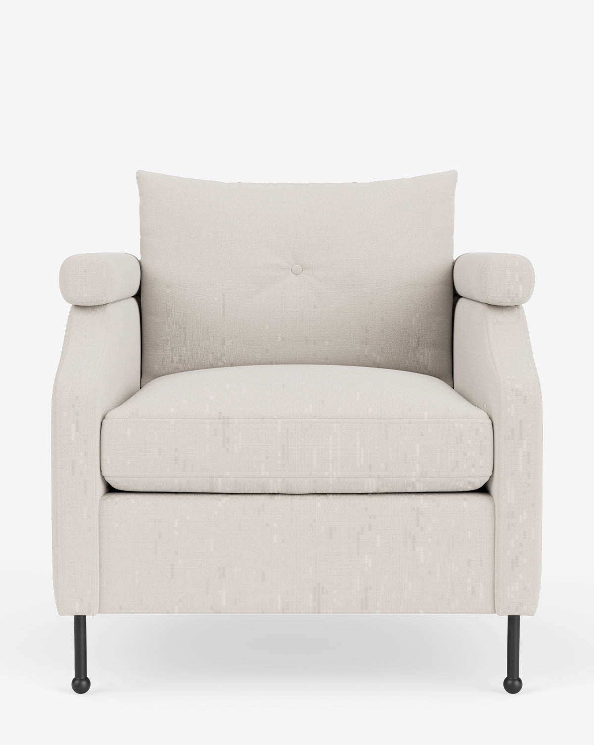 Fauteuil de salon contemporain en tissu avec pieds en fer et accoudoirs carrés crantés pour salon