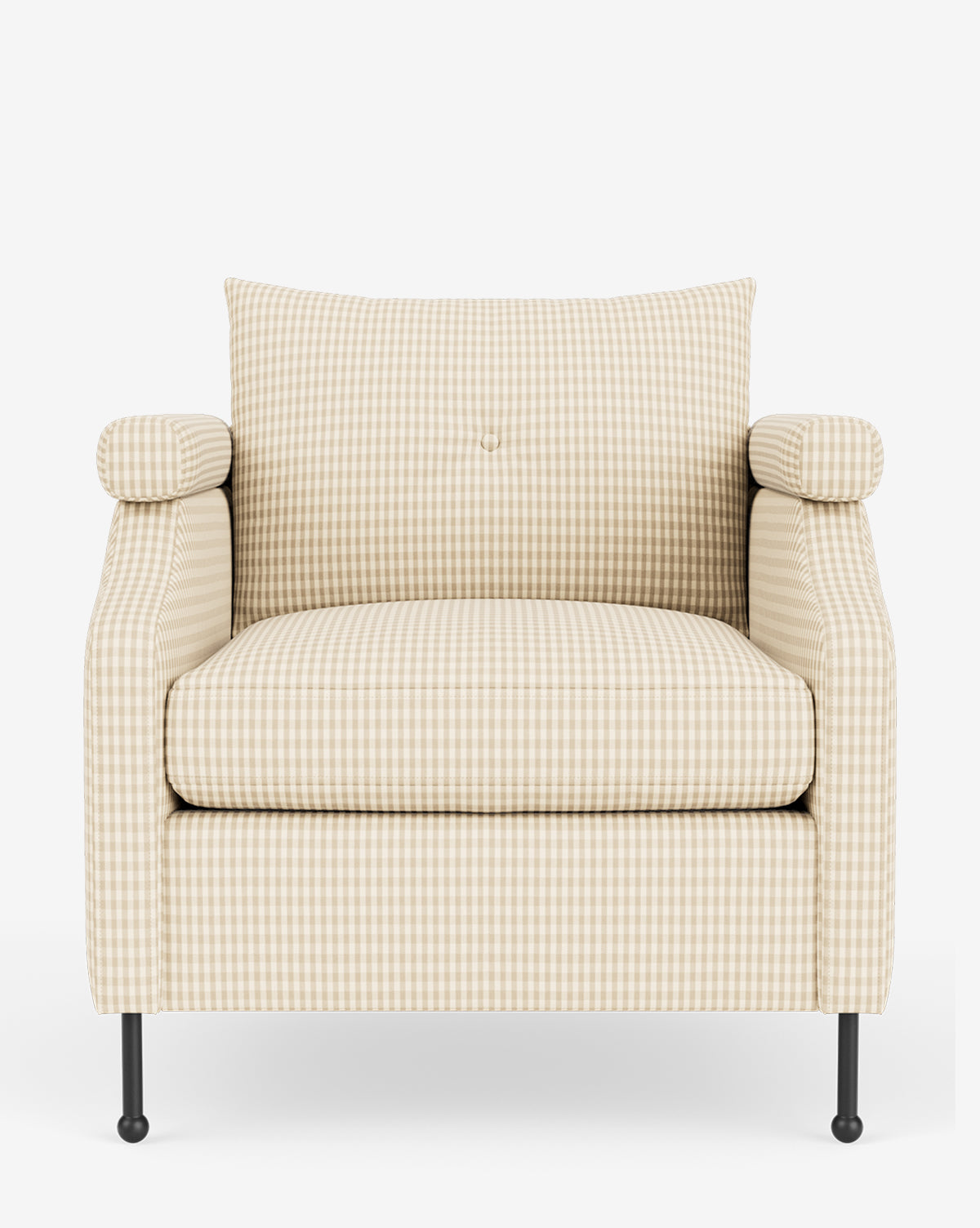 Fauteuil de salon contemporain en tissu avec pieds en fer et accoudoirs carrés crantés pour salon