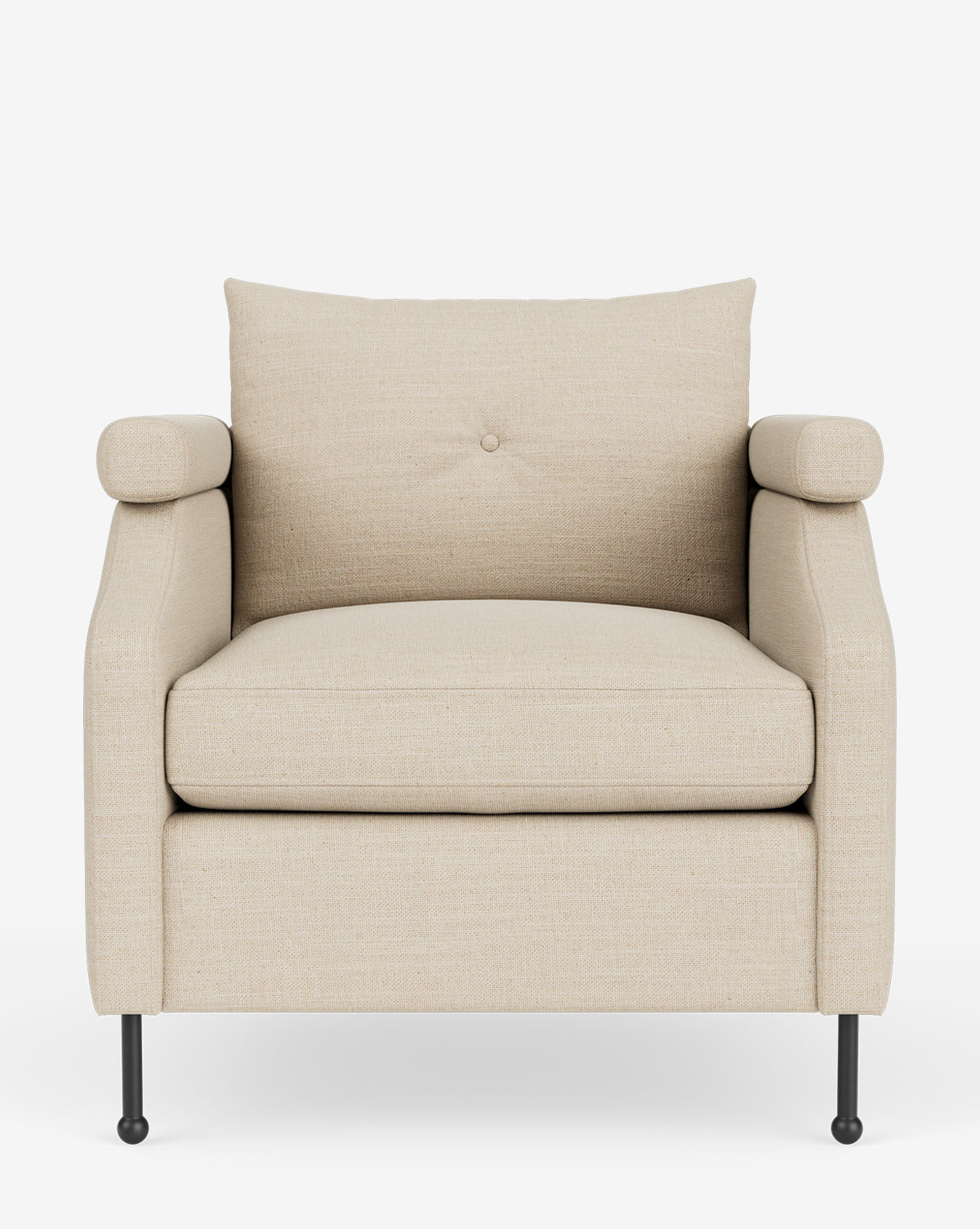 Fauteuil de salon contemporain en tissu avec pieds en fer et accoudoirs carrés crantés pour salon