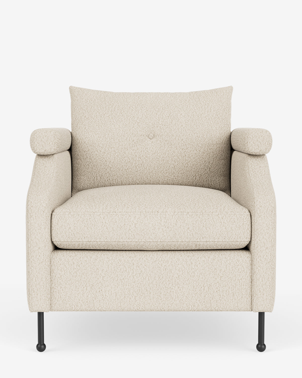 Fauteuil de salon contemporain en tissu avec pieds en fer et accoudoirs carrés crantés pour salon