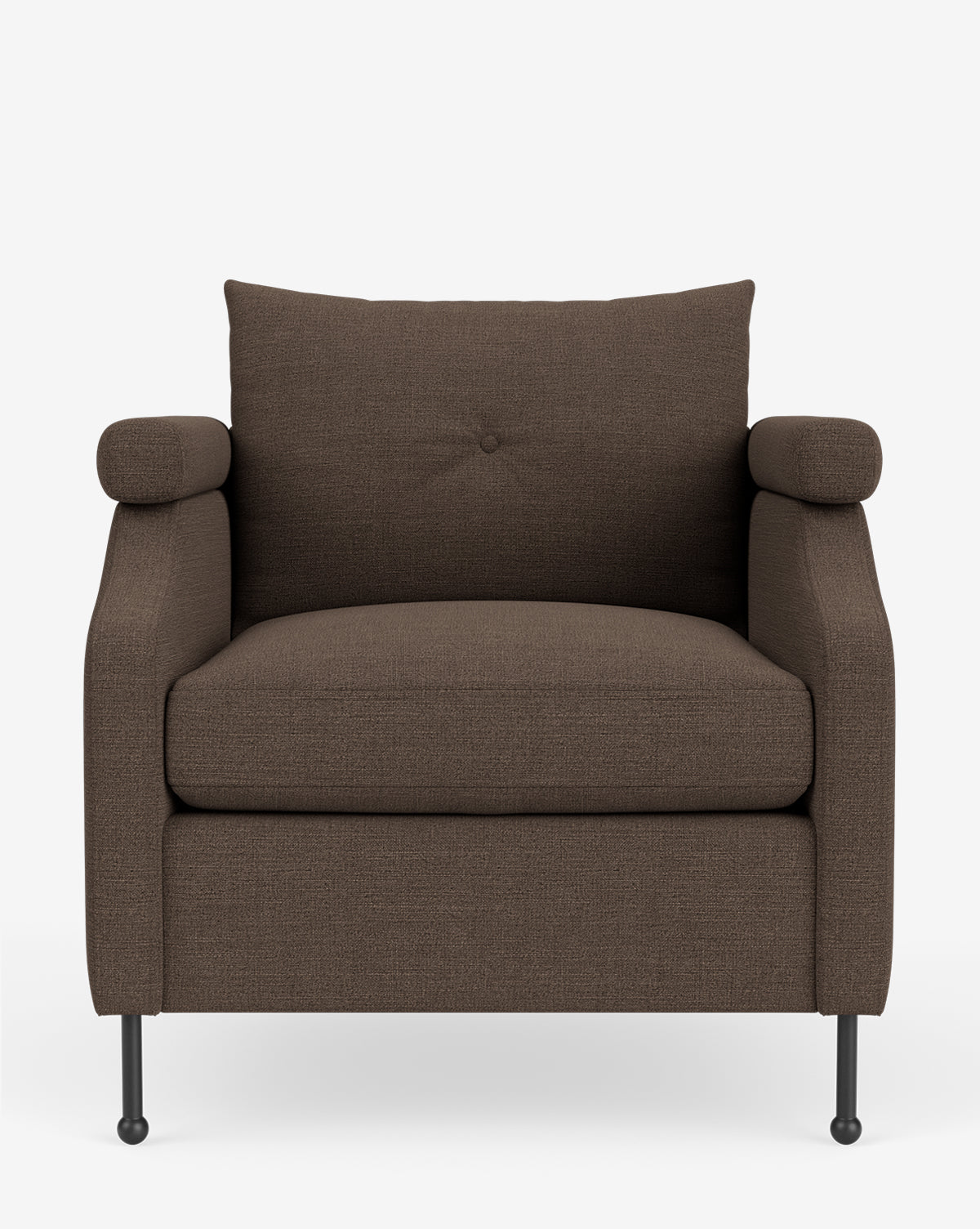 Fauteuil de salon contemporain en tissu avec pieds en fer et accoudoirs carrés crantés pour salon