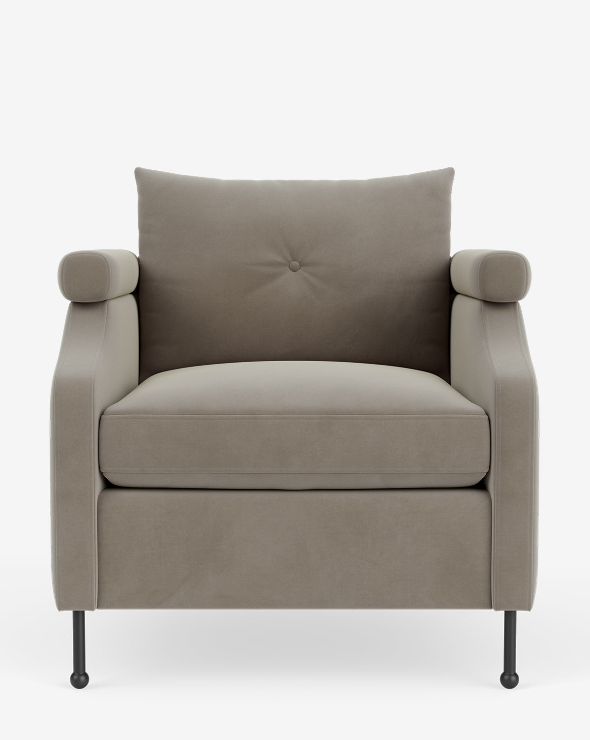 Fauteuil de salon contemporain en tissu avec pieds en fer et accoudoirs carrés crantés pour salon