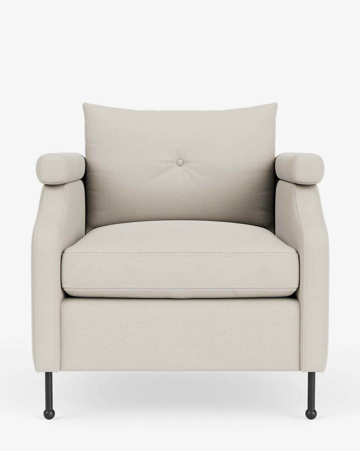 Fauteuil de salon contemporain en tissu avec pieds en fer et accoudoirs carrés crantés pour salon