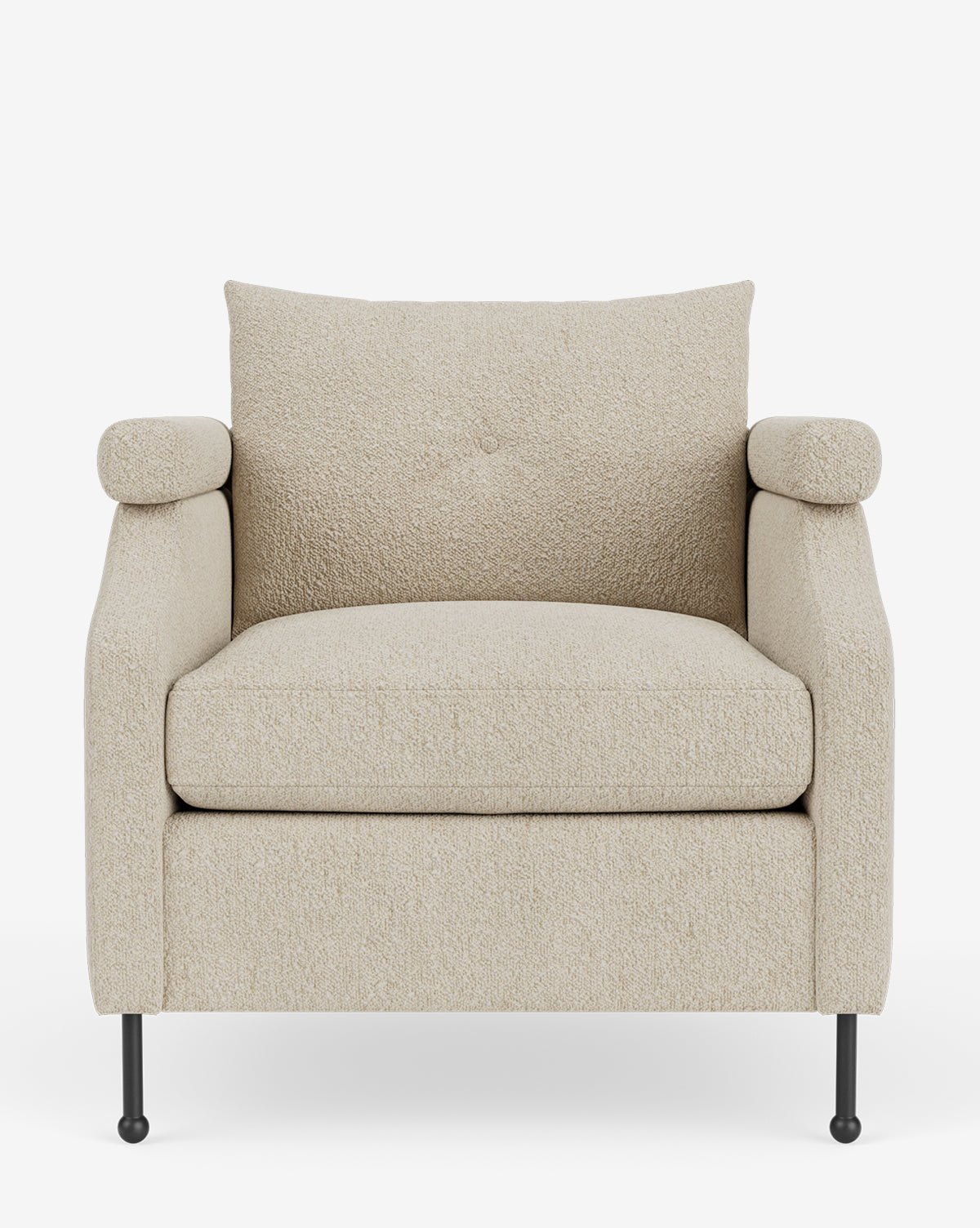 Fauteuil de salon contemporain en tissu avec pieds en fer et accoudoirs carrés crantés pour salon