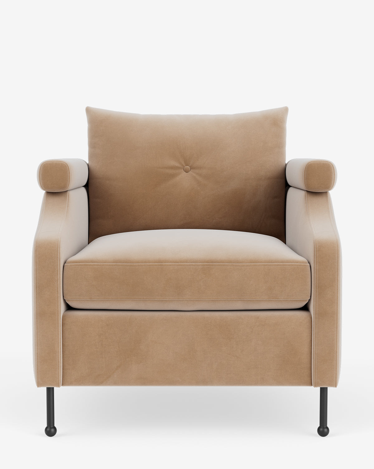 Fauteuil de salon contemporain en tissu avec pieds en fer et accoudoirs carrés crantés pour salon