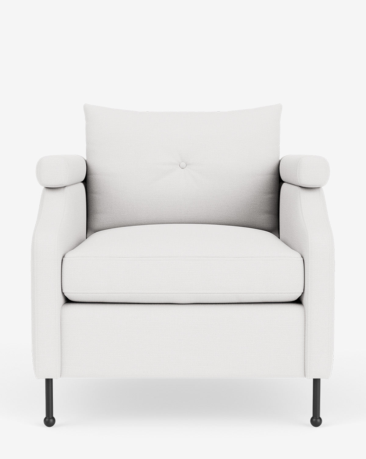 Fauteuil de salon contemporain en tissu avec pieds en fer et accoudoirs carrés crantés pour salon