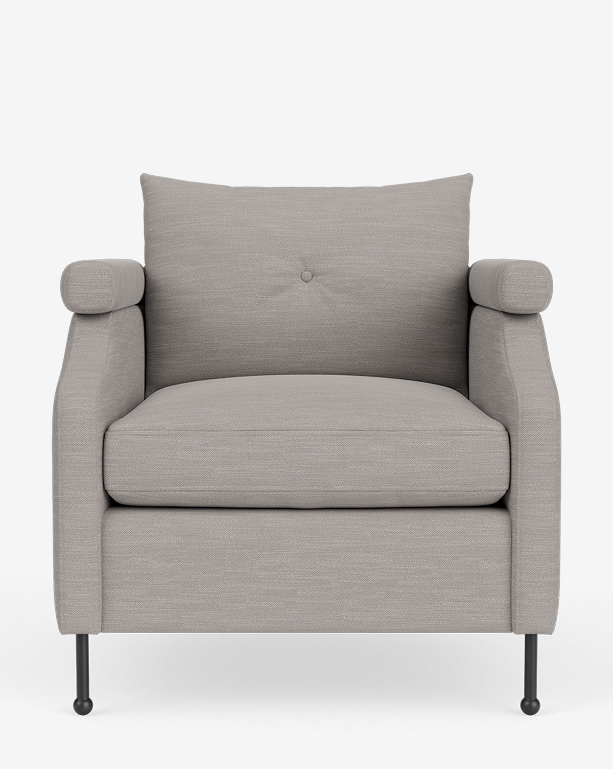 Fauteuil de salon contemporain en tissu avec pieds en fer et accoudoirs carrés crantés pour salon