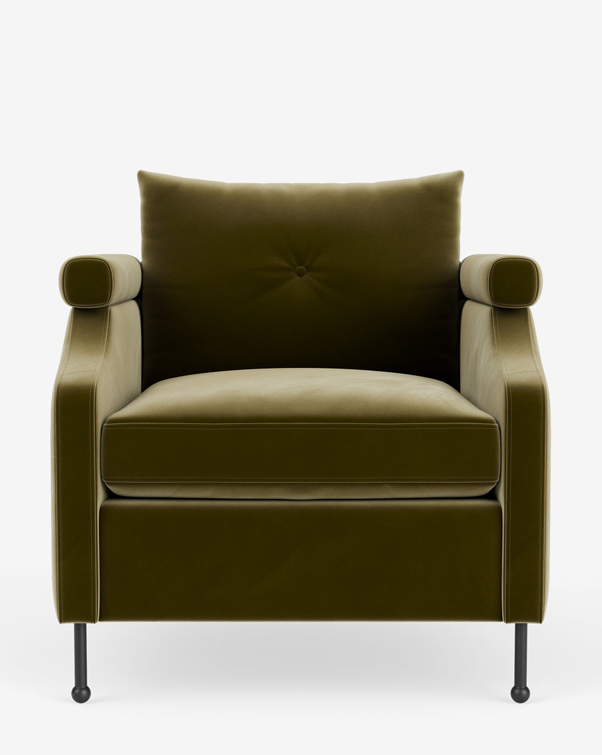 Fauteuil de salon contemporain en tissu avec pieds en fer et accoudoirs carrés crantés pour salon