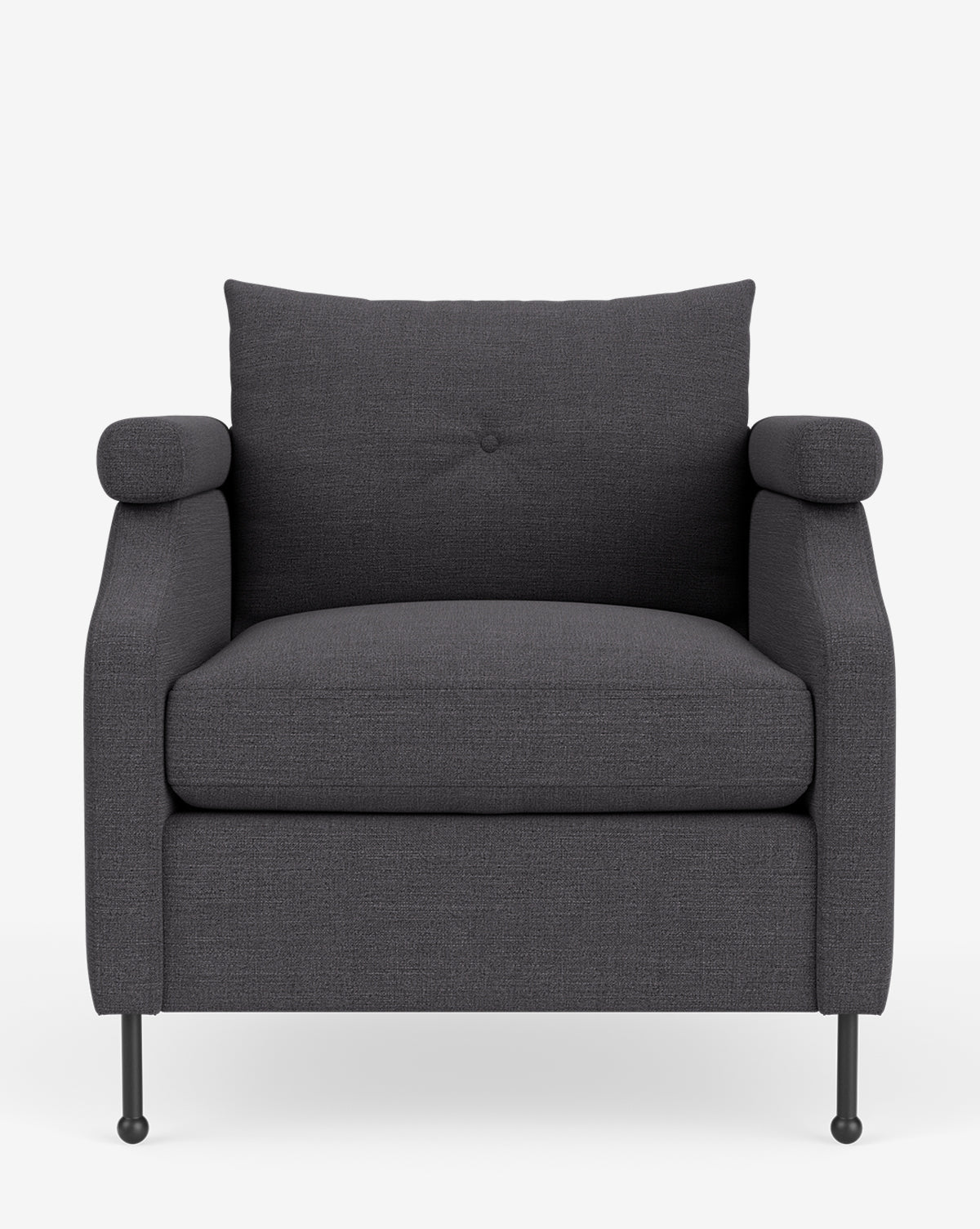Fauteuil de salon contemporain en tissu avec pieds en fer et accoudoirs carrés crantés pour salon