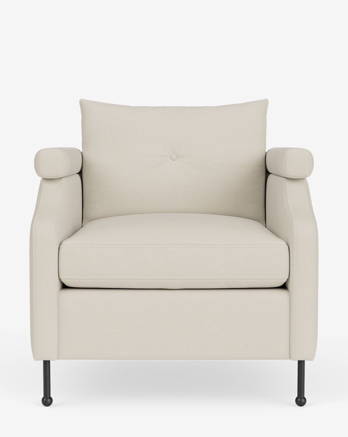 Fauteuil de salon contemporain en tissu avec pieds en fer et accoudoirs carrés crantés pour salon