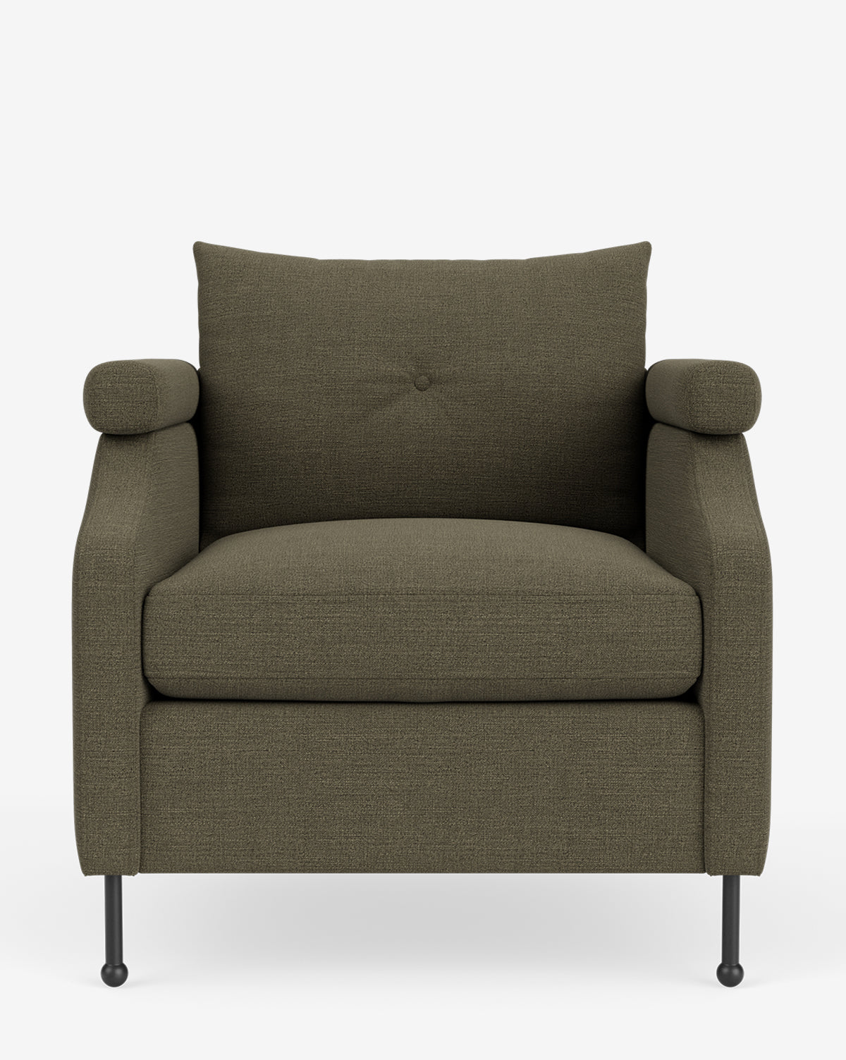 Fauteuil de salon contemporain en tissu avec pieds en fer et accoudoirs carrés crantés pour salon