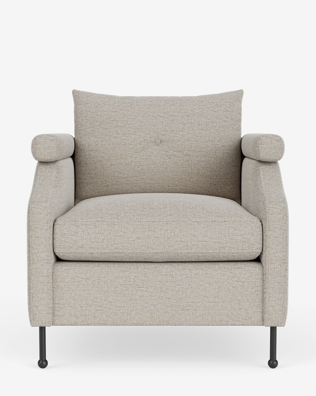Fauteuil de salon contemporain en tissu avec pieds en fer et accoudoirs carrés crantés pour salon