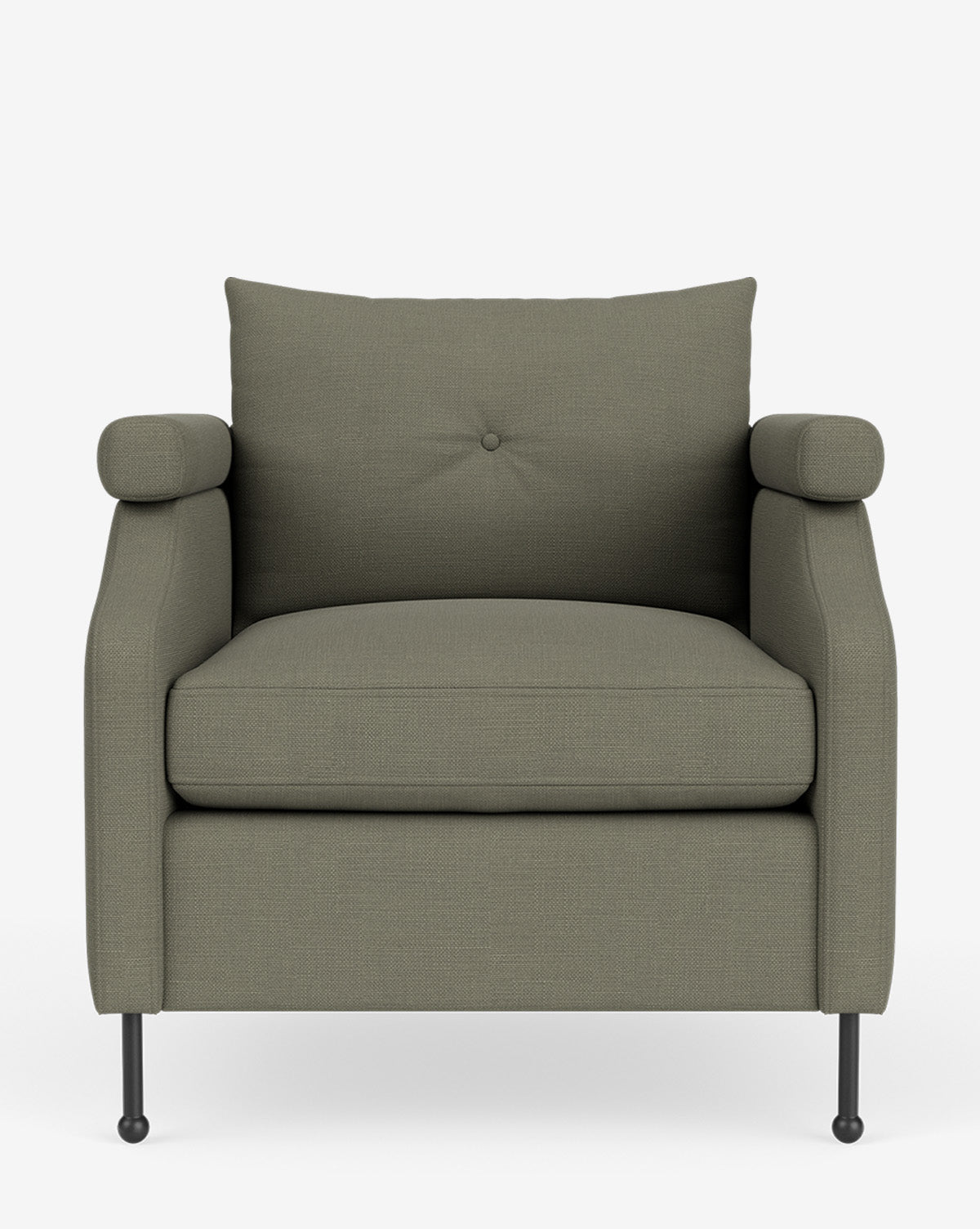 Fauteuil de salon contemporain en tissu avec pieds en fer et accoudoirs carrés crantés pour salon