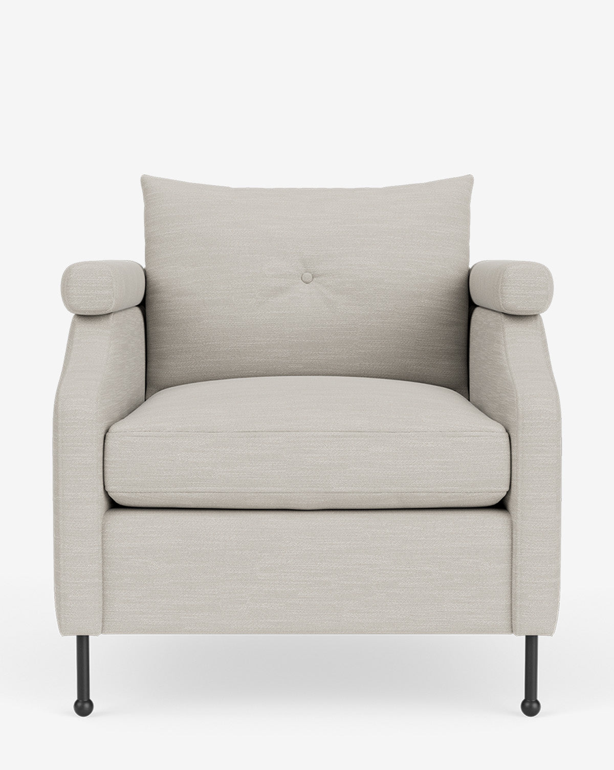 Fauteuil de salon contemporain en tissu avec pieds en fer et accoudoirs carrés crantés pour salon