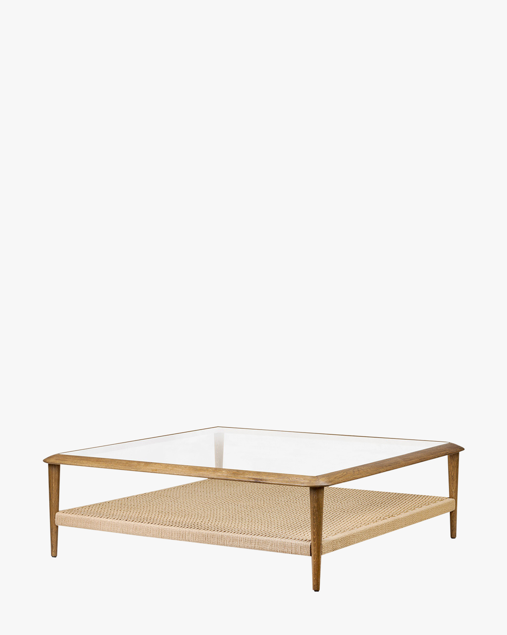 Table basse en verre organique et chêne avec étagère en jute tressée à la main pour salon