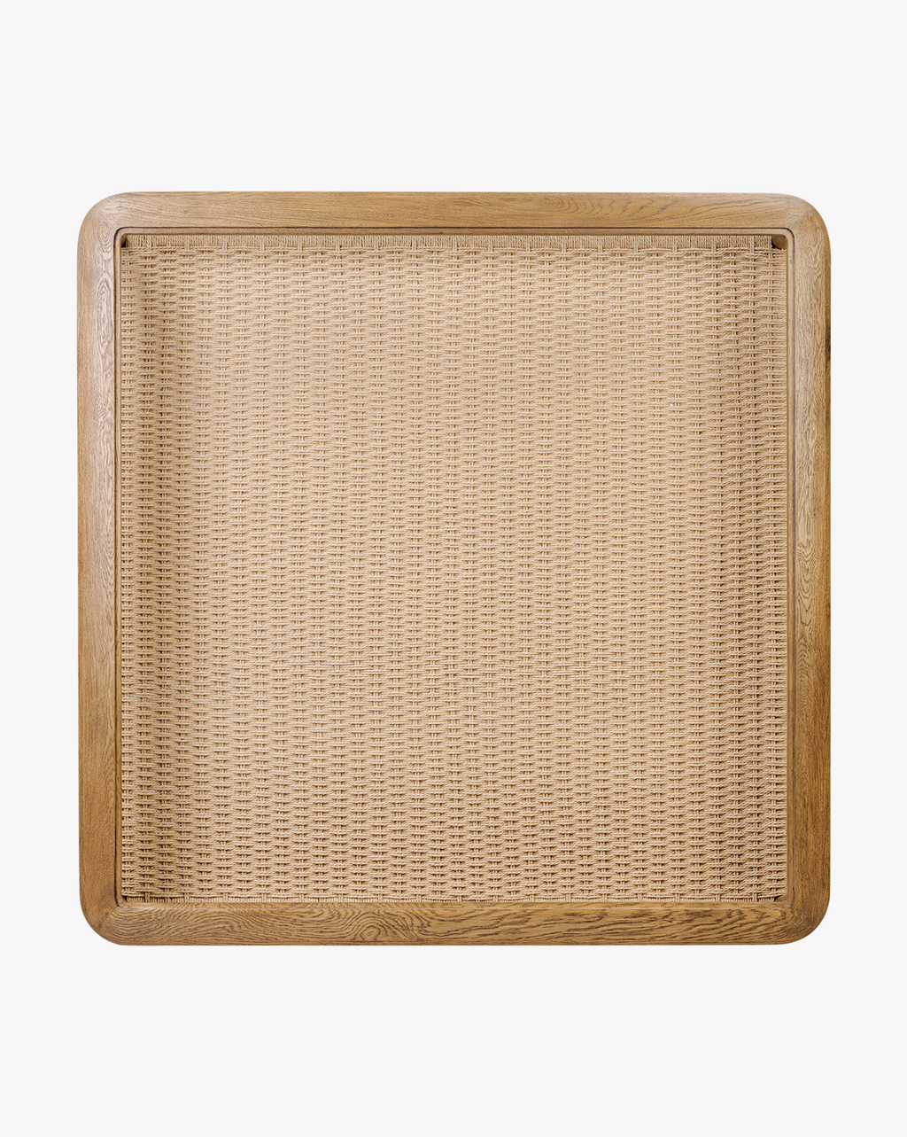 Table basse en verre organique et chêne avec étagère en jute tressée à la main pour salon