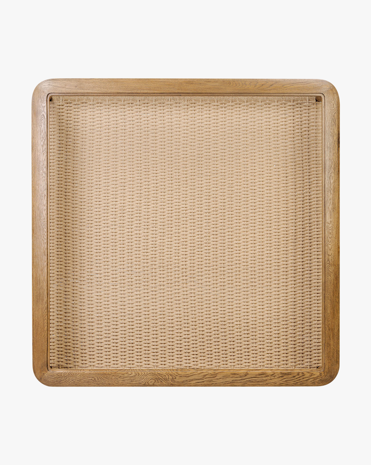 Table basse en verre organique et chêne avec étagère en jute tressée à la main pour salon
