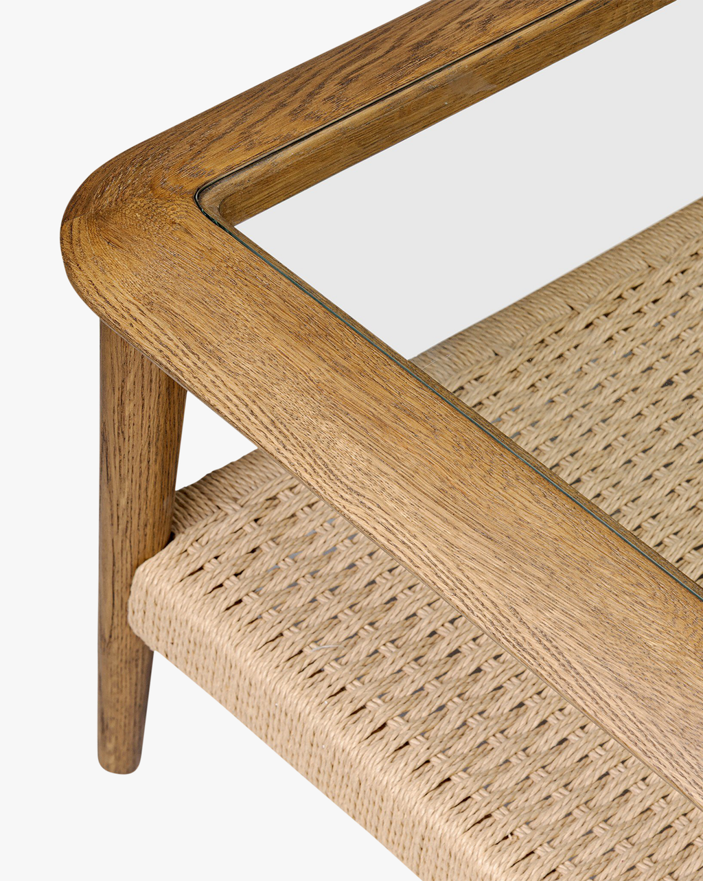 Table basse en verre organique et chêne avec étagère en jute tressée à la main pour salon