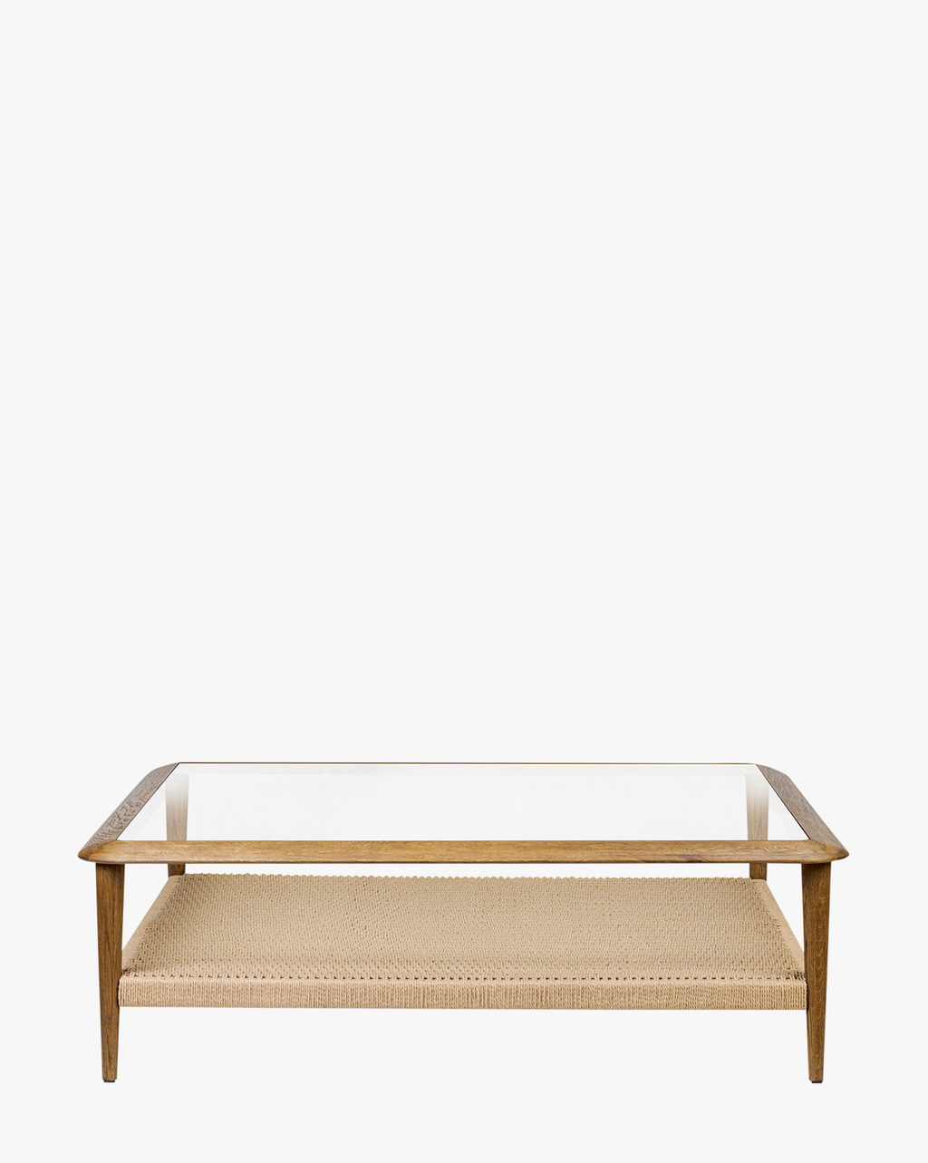 Table basse en verre organique et chêne avec étagère en jute tressée à la main pour salon