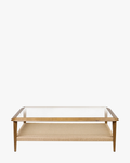 Table basse en verre organique et chêne avec étagère en jute tressée à la main pour salon