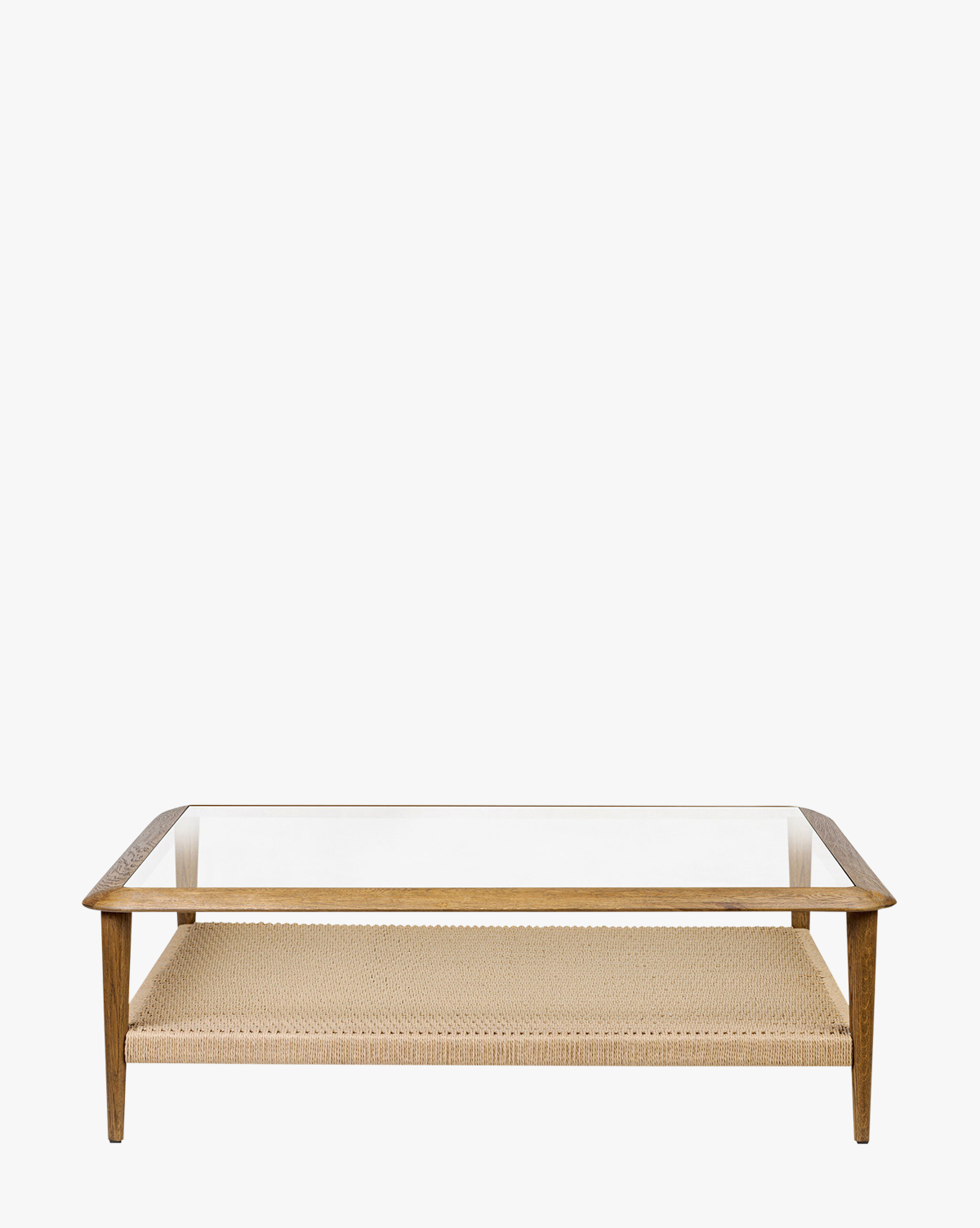 Table basse en verre organique et chêne avec étagère en jute tressée à la main pour salon