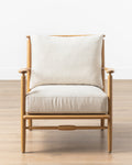 Fauteuil scandinave en chêne massif avec coussins en lin naturel pour salon
