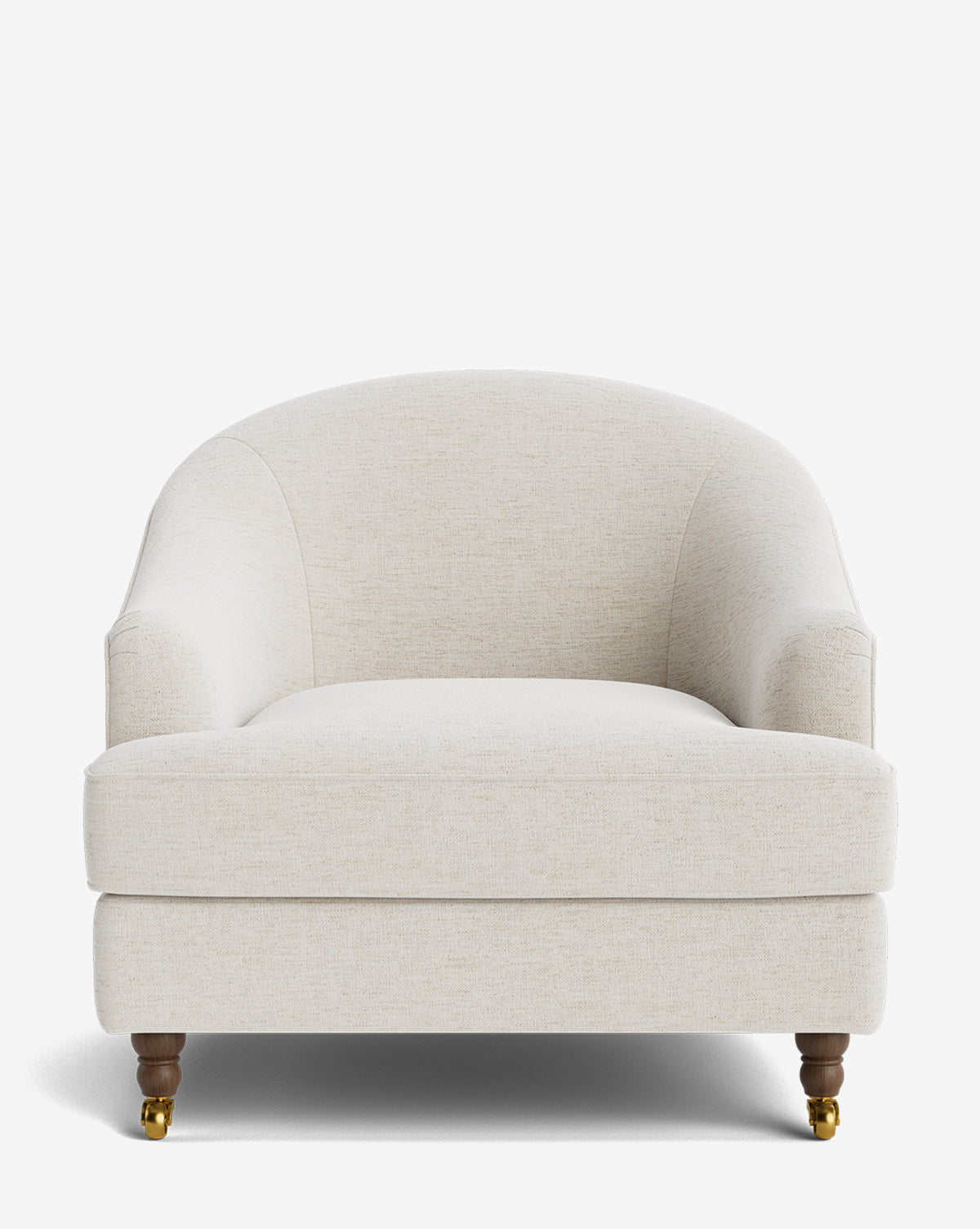 Fauteuil club classique rembourré avec accoudoirs roulés, passepoil décoratif et roulettes, pour le salon