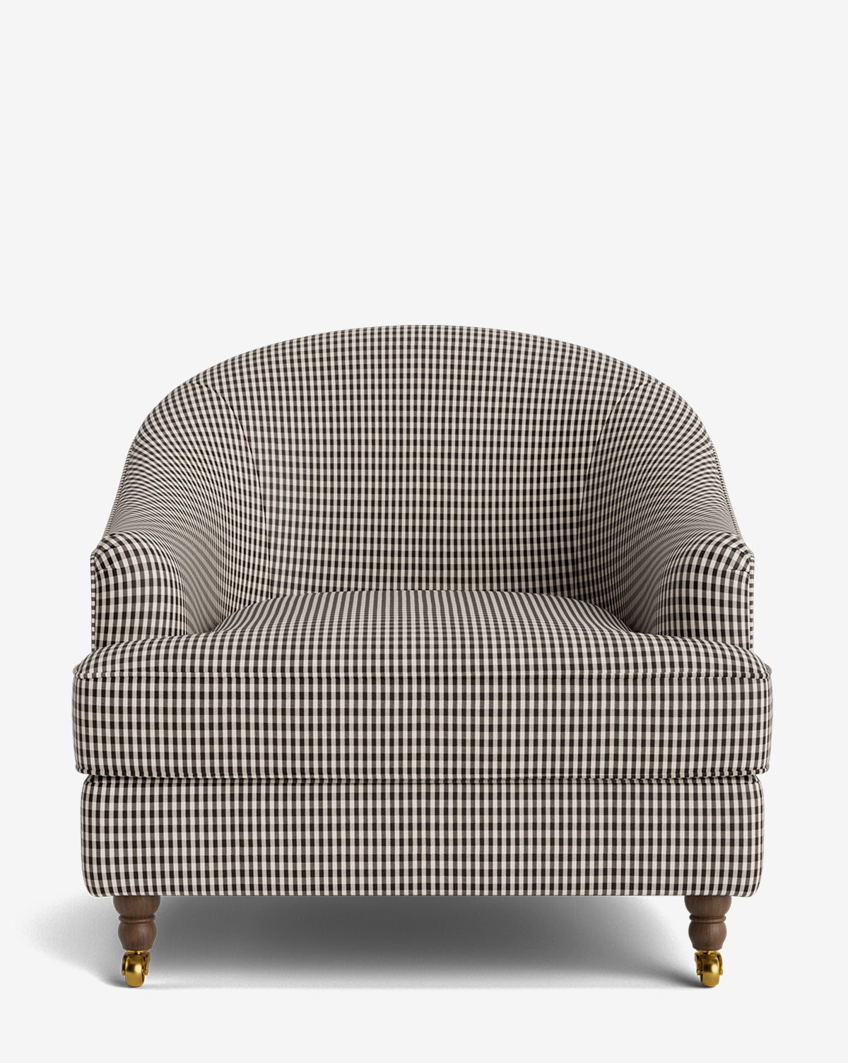 Fauteuil club classique rembourré avec accoudoirs roulés, passepoil décoratif et roulettes, pour le salon