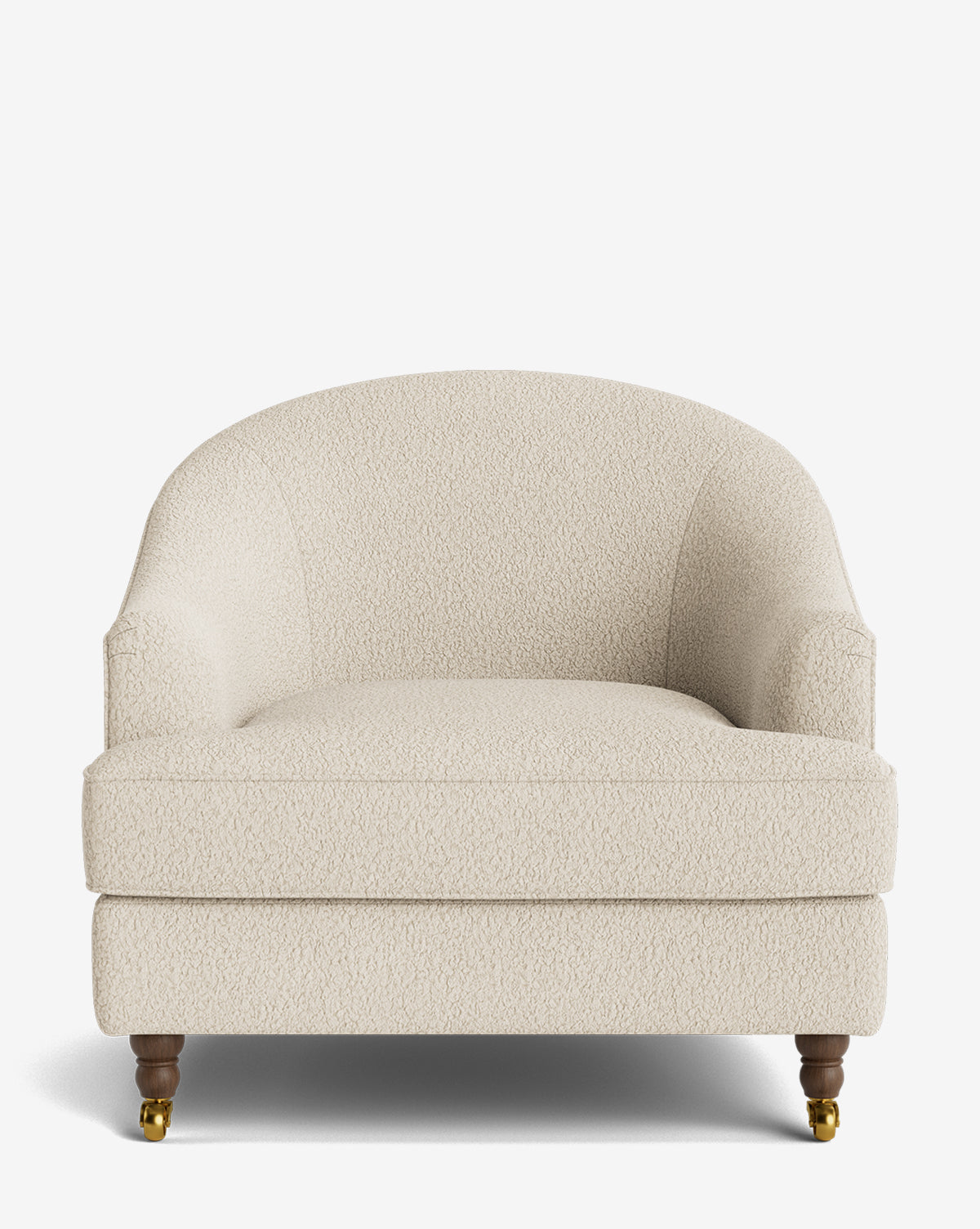 Fauteuil club classique rembourré avec accoudoirs roulés, passepoil décoratif et roulettes, pour le salon