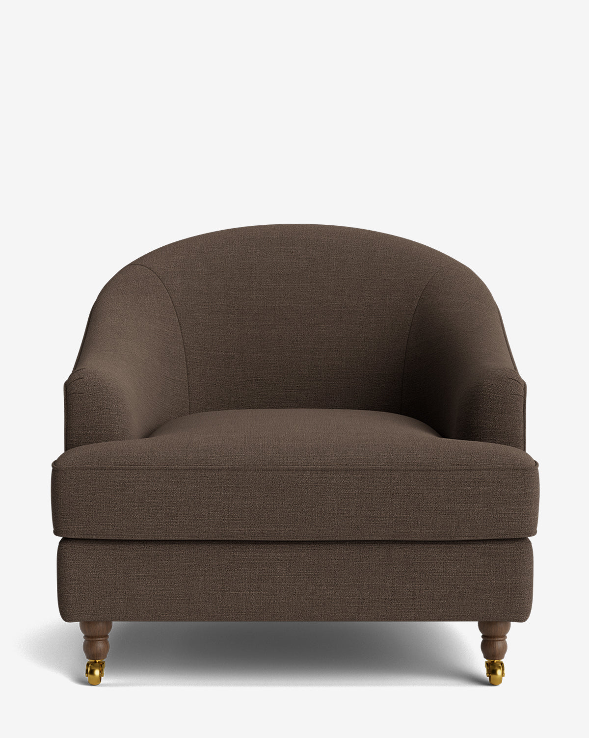 Fauteuil club classique rembourré avec accoudoirs roulés, passepoil décoratif et roulettes, pour le salon