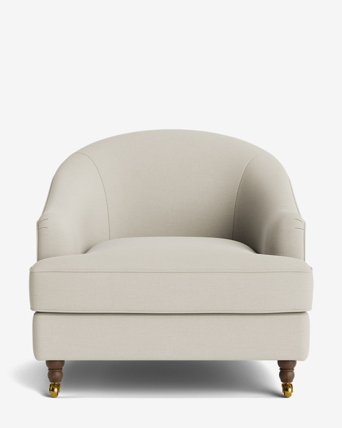 Fauteuil club classique rembourré avec accoudoirs roulés, passepoil décoratif et roulettes, pour le salon