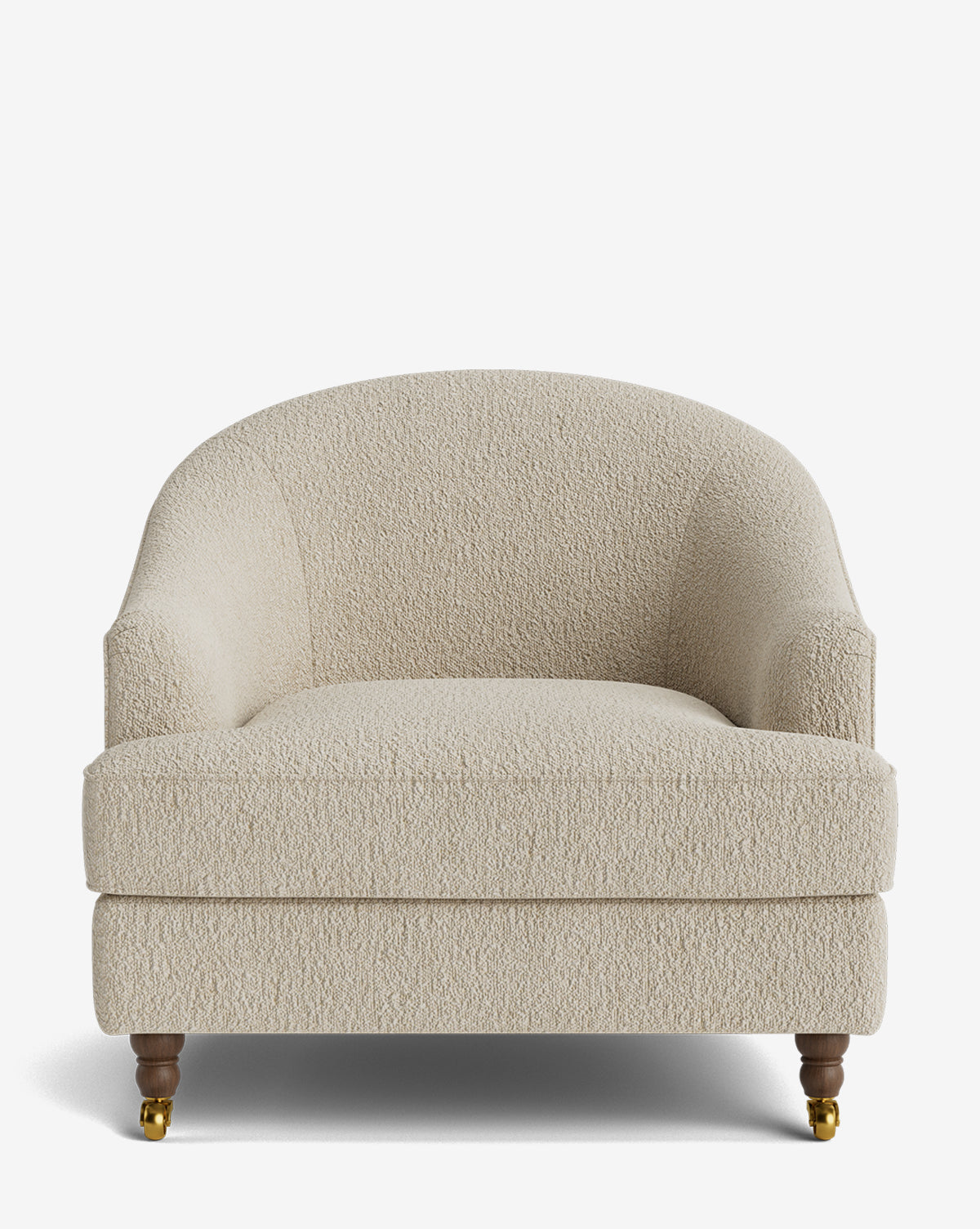 Fauteuil club classique rembourré avec accoudoirs roulés, passepoil décoratif et roulettes, pour le salon