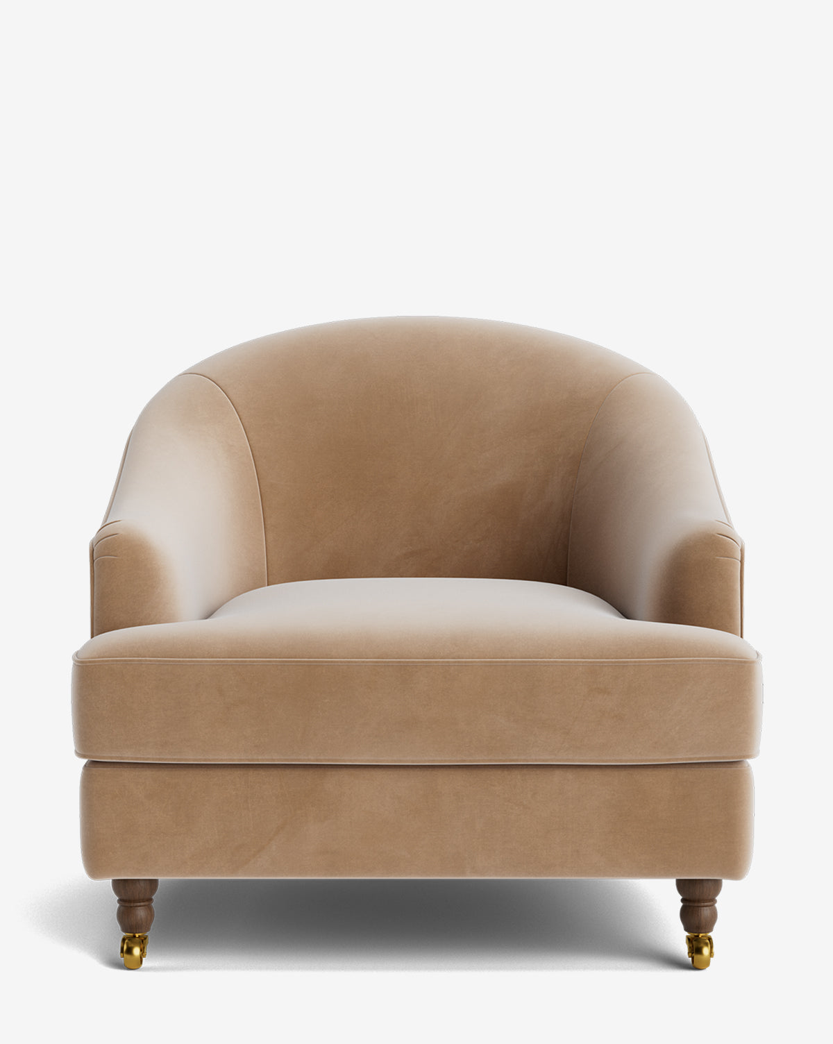 Fauteuil club classique rembourré avec accoudoirs roulés, passepoil décoratif et roulettes, pour le salon