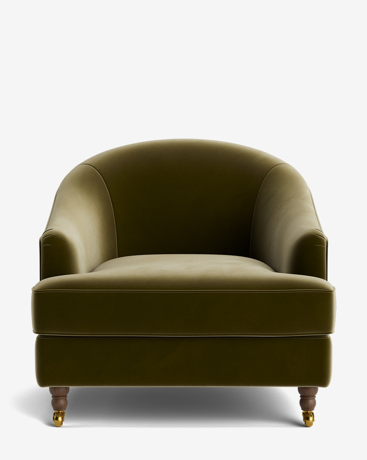 Fauteuil club classique rembourré avec accoudoirs roulés, passepoil décoratif et roulettes, pour le salon