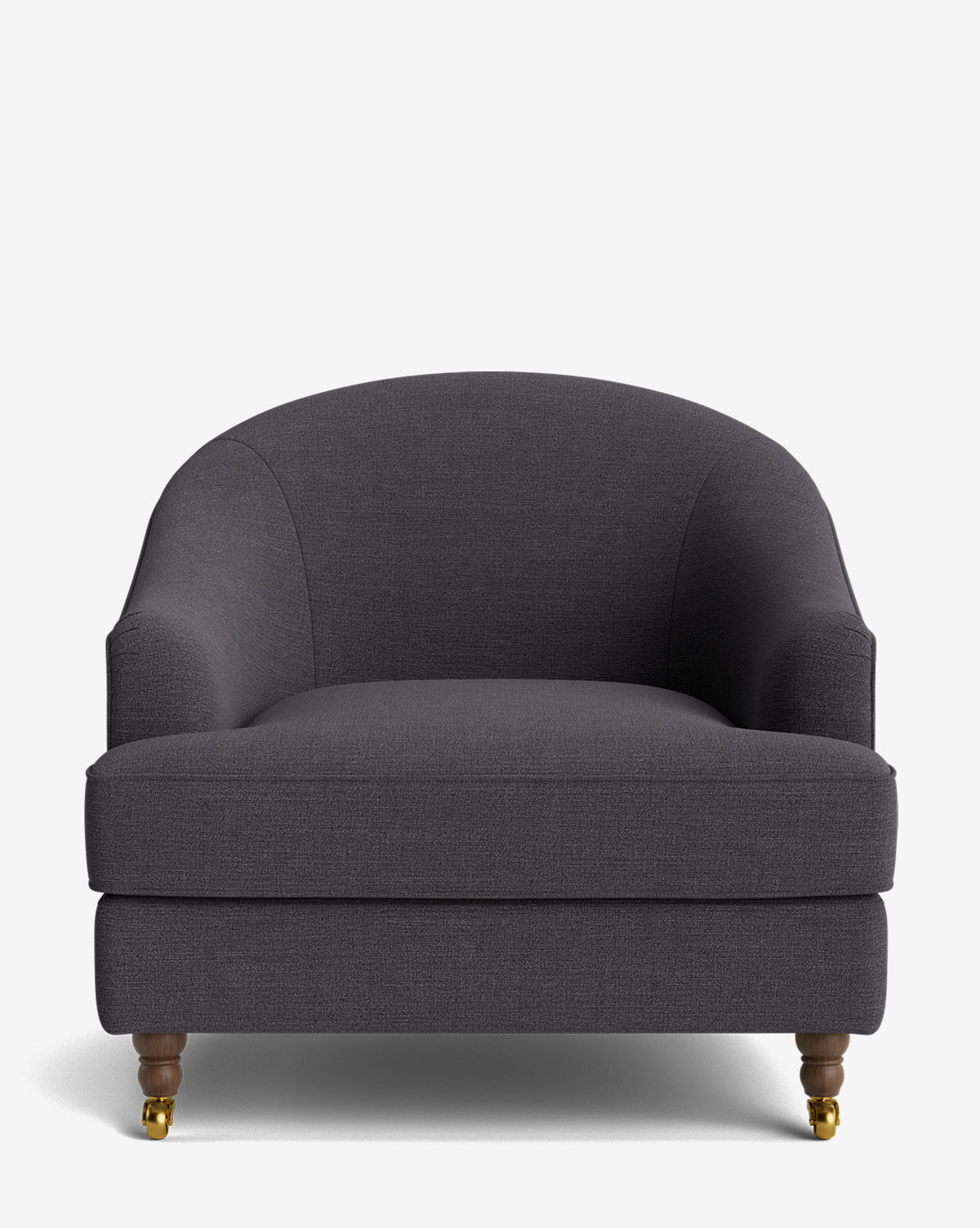 Fauteuil club classique rembourré avec accoudoirs roulés, passepoil décoratif et roulettes, pour le salon