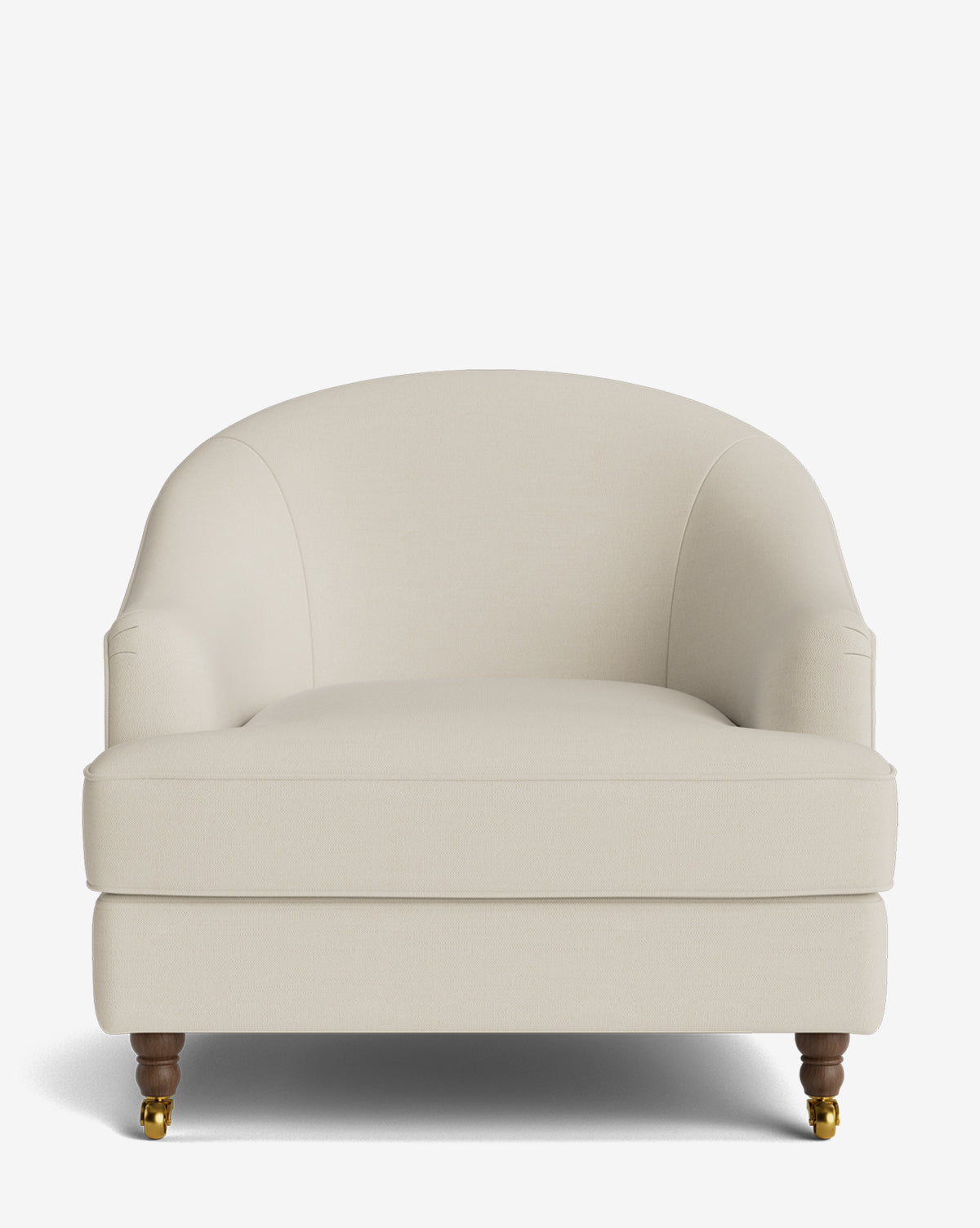 Fauteuil club classique rembourré avec accoudoirs roulés, passepoil décoratif et roulettes, pour le salon