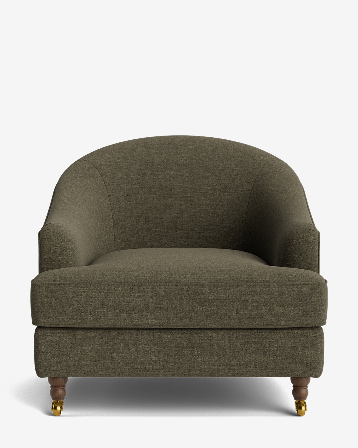 Fauteuil club classique rembourré avec accoudoirs roulés, passepoil décoratif et roulettes, pour le salon