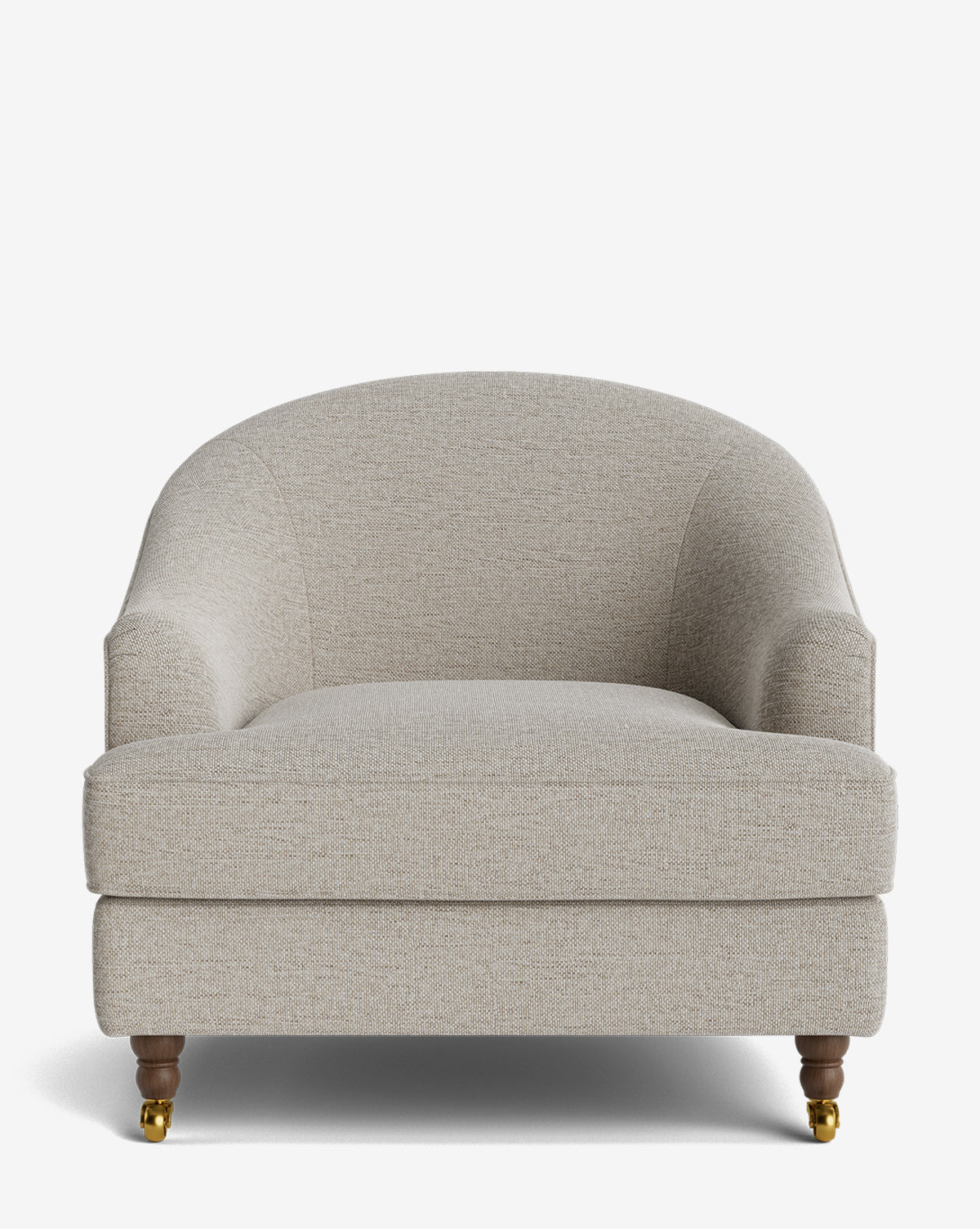 Fauteuil club classique rembourré avec accoudoirs roulés, passepoil décoratif et roulettes, pour le salon