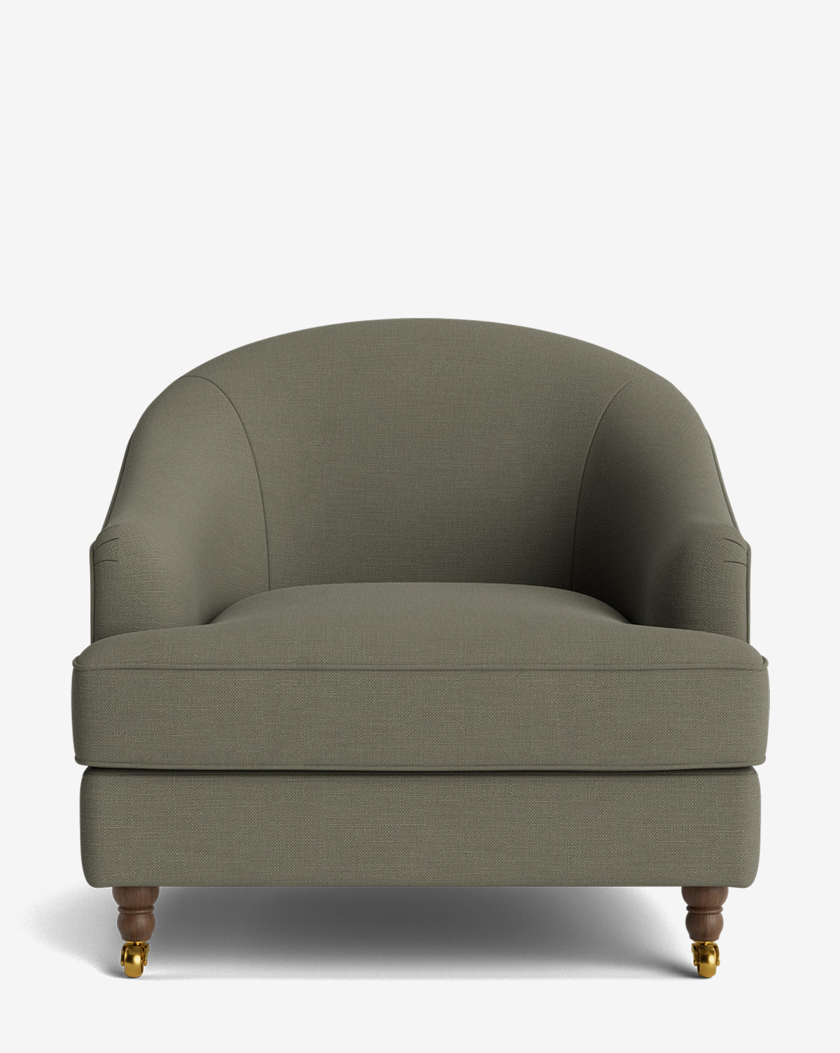 Fauteuil club classique rembourré avec accoudoirs roulés, passepoil décoratif et roulettes, pour le salon