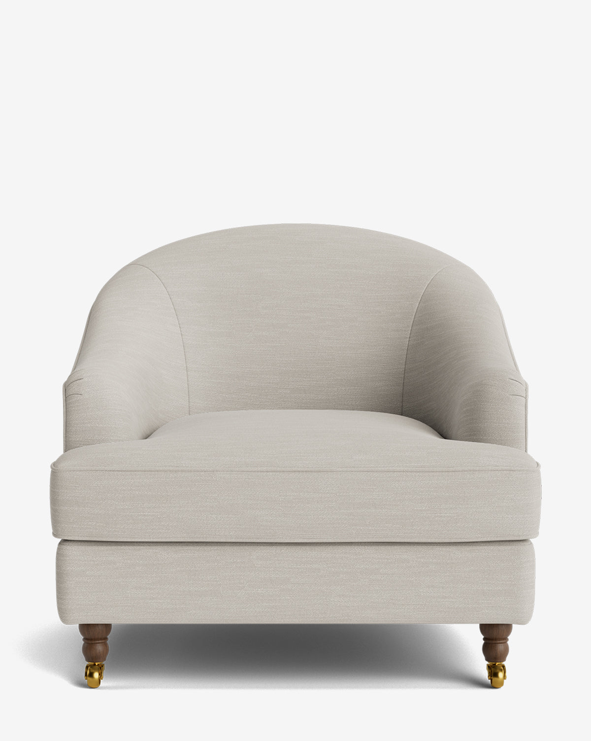 Fauteuil club classique rembourré avec accoudoirs roulés, passepoil décoratif et roulettes, pour le salon