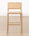 Tabouret de comptoir moderne en chêne blanc et cuir aniline avec détails tressés pour salle à manger