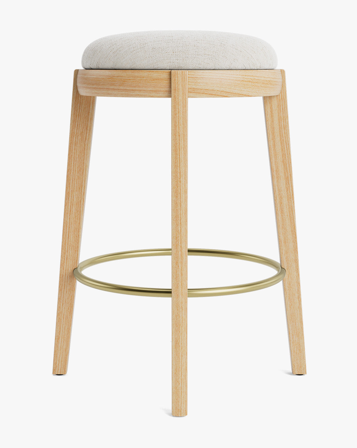 Tabouret de comptoir en bois chaud et cuir avec assise arrondie et repose-pieds en laiton pour salle à manger