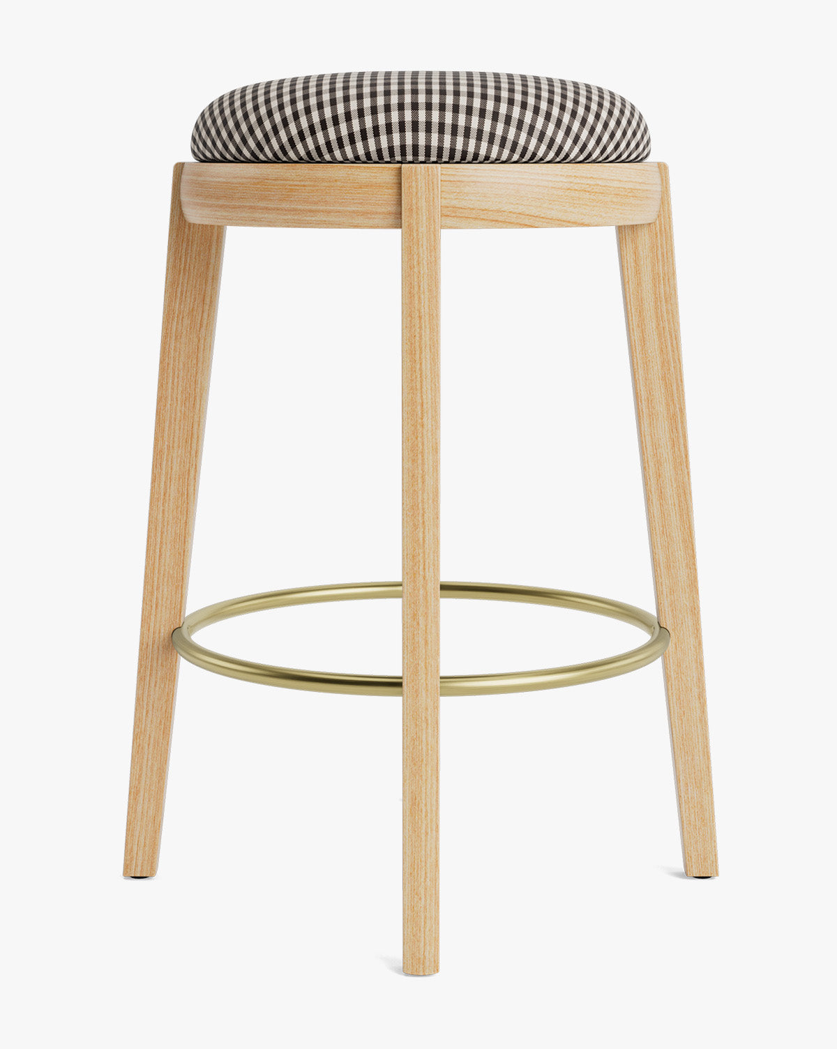 Tabouret de comptoir en bois chaud et cuir avec assise arrondie et repose-pieds en laiton pour salle à manger